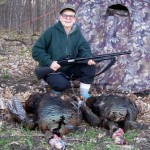 After 50yrs. my hubby finally talked me into hunting.Bought me a new gun & I got my license.After 6 hrs. in the blind, he called in 3 gobblers.My turkey is on my right weighed 20 lbs.Hubby's (taking picture) turkey weighed 17.5lbs.