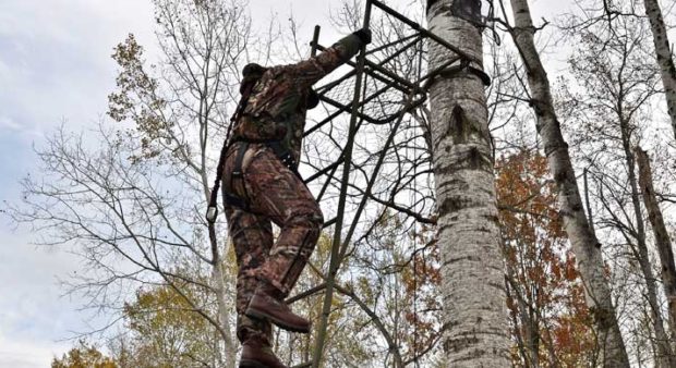 tree stand accidents - a person climbing a tree stand