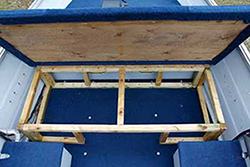 tinny - 2x2 frame over the existing structure, fastened with 21⁄4-inch coated deck screws.Attach the plywood deck, taking care to cut a snug fit. Remember that carpeting will cover the deck and add to the length and width. Don’t cut corners and buy thinner plywood. Use 3⁄4-inch boards.