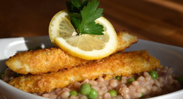 corn flake walleye with risotto 