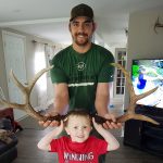 Adam D’Angelo and his stepson Jackson Brown display matching sets of sheds found from a buck they have been watching on a trail camera all fall and winter.