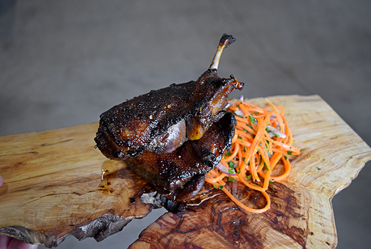 Barbecue mandarin mallard with carrot slaw