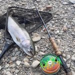 John Mills of Alvinston shows off son Joshua’s reel, which has an air-brushed brook trout pattern.