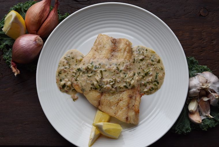 Pan-seared bass with lemon & herb butter sauce