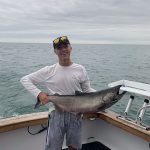 Griffen Human of Burlington was trolling a Great Lakes flash fly when he caught this 24-lb staging Chinook salmon on Lake Ontario.