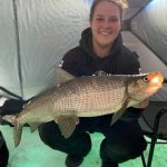 On a cold, cloudy, and windy day, Jennifer Garrett of Kawartha Lakes and her friend Janice couldn’t keep the whitefish off their lines while ice fishing Lake Simcoe using the new goby bait by Grumpy Bait Company.