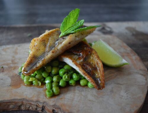 Pan-seared perch with green peas and mint