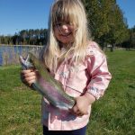 Alex Scarchilli of Orangeville was enjoying some father-daughter fishing time when his three-year-old daughter, Gigi, hooked this rainbow using a plastic worm and her 24-inch "Frozen" rod.