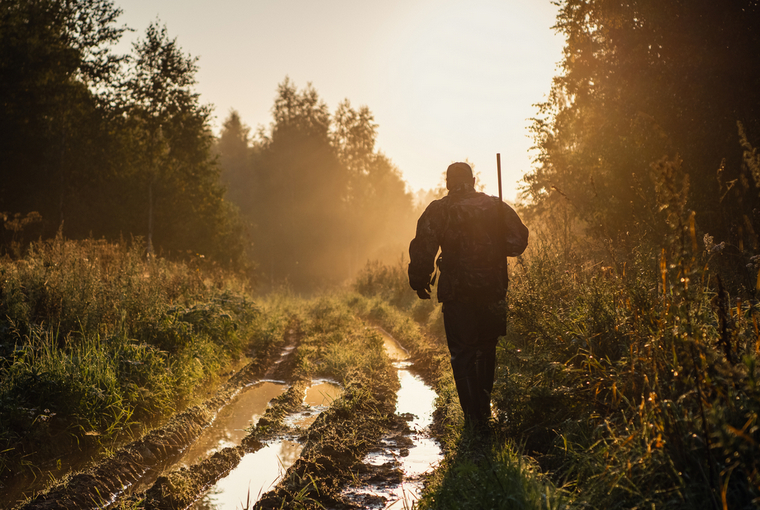 A hunter walks down a muddy path in the morning sun