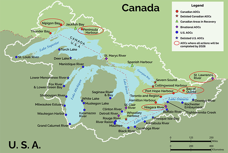 Map of Great Lakes, identifying six areas of concern