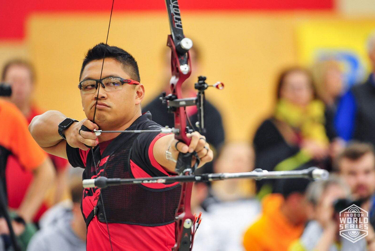 Crispin Duenas a Canadian recurve elite archer draws back his bow at a pre-Covid competition in Luxembourg. 