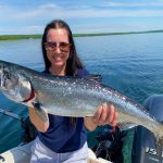 Angler Maggie St. Amand of Sault Ste. Marie was delighted and grateful to haul in this plump king salmon off the north shores of Lake Superior in Goulais Bay.