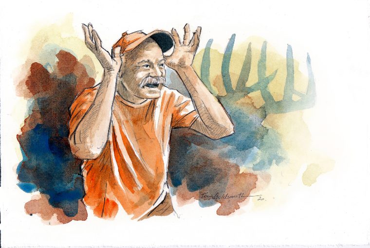 Painting of man wearing orange clothes holding his hands up with blue and red colours around him and the outline of a moose behind him.