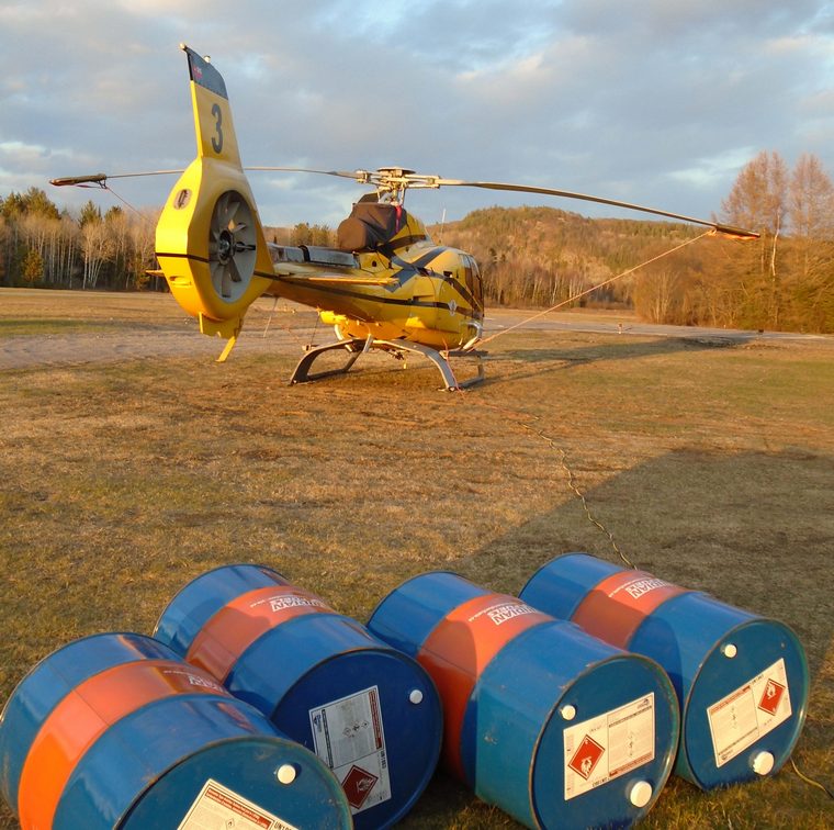 A yellow helicopter planted on the grass surrounded by woods with blue barrels of lamprey control solution in view on the ground.