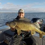 Danny Bacon of Spanish nabbed this 12.3-pound walleye from Lake Huron, working break lines with a jig and minnow, before releasing it to fight another day.