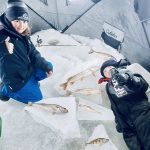 Amber McIsaac of Powassan was ice fishing with Mason and Madden on Lake Nipissing using minnows from Trapper Joes.