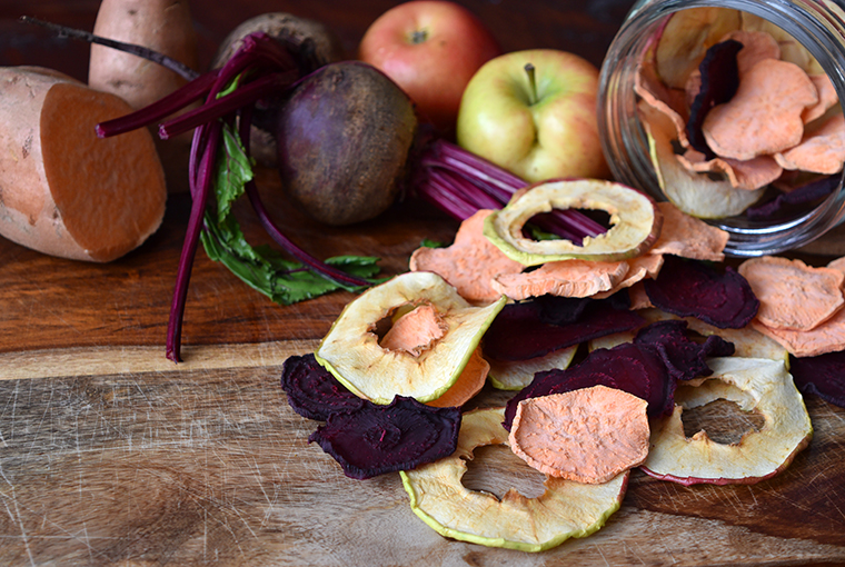 Beet, sweet potato, and apple chips snacks