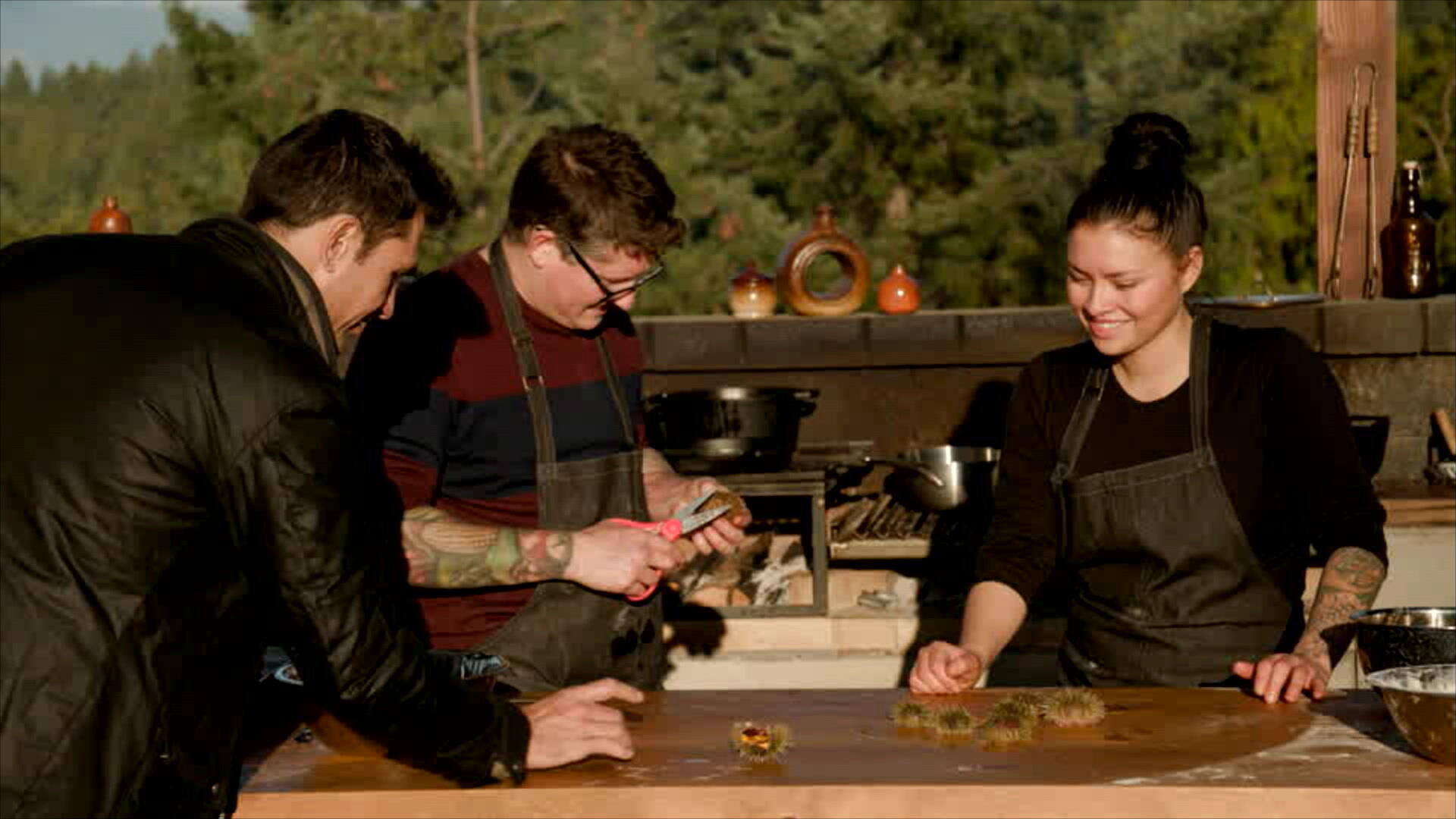 Chefs vs. Wild – Kiran Jethwa, Andrew Rochon and Jordan Burnouf, shown. (Courtesy of Hulu)