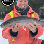 Photo Friday winner Sheryl Breadner of Huntsville, who caught this nice rainbow on Berkley Gulp! Trout Dough. She feels lucky to have a small bay with safe ice.