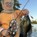 Grayson Button, 8, of Newcastle, caught his first giant black crappie on his new rod from Papa. The whole lake must have heard “I got a giant fish!” as he reeled it in, smiling widely despite the swarms of blackflies and mosquitoes.