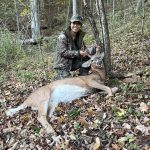 Sonlancy Sem of St. Thomas successfully bowhunted this six-point, button-buck from 20 yards after only 20 minutes in the tree stand while her husband cared for their nine-month-old at home.