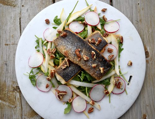 Crispy lake trout with pear and arugula salad